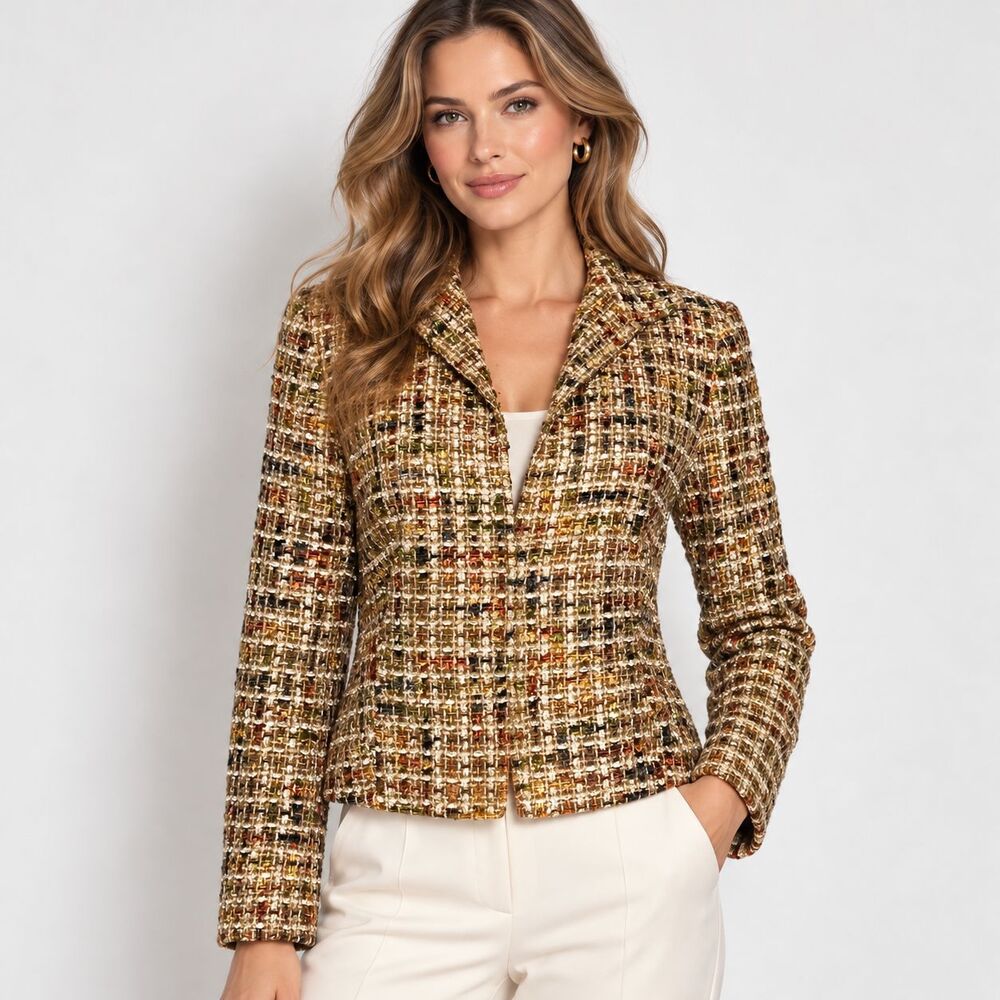 Lafayette 148 New York Tweed Blazer Jacket 8 Gold Metallic Multicolor Boucle